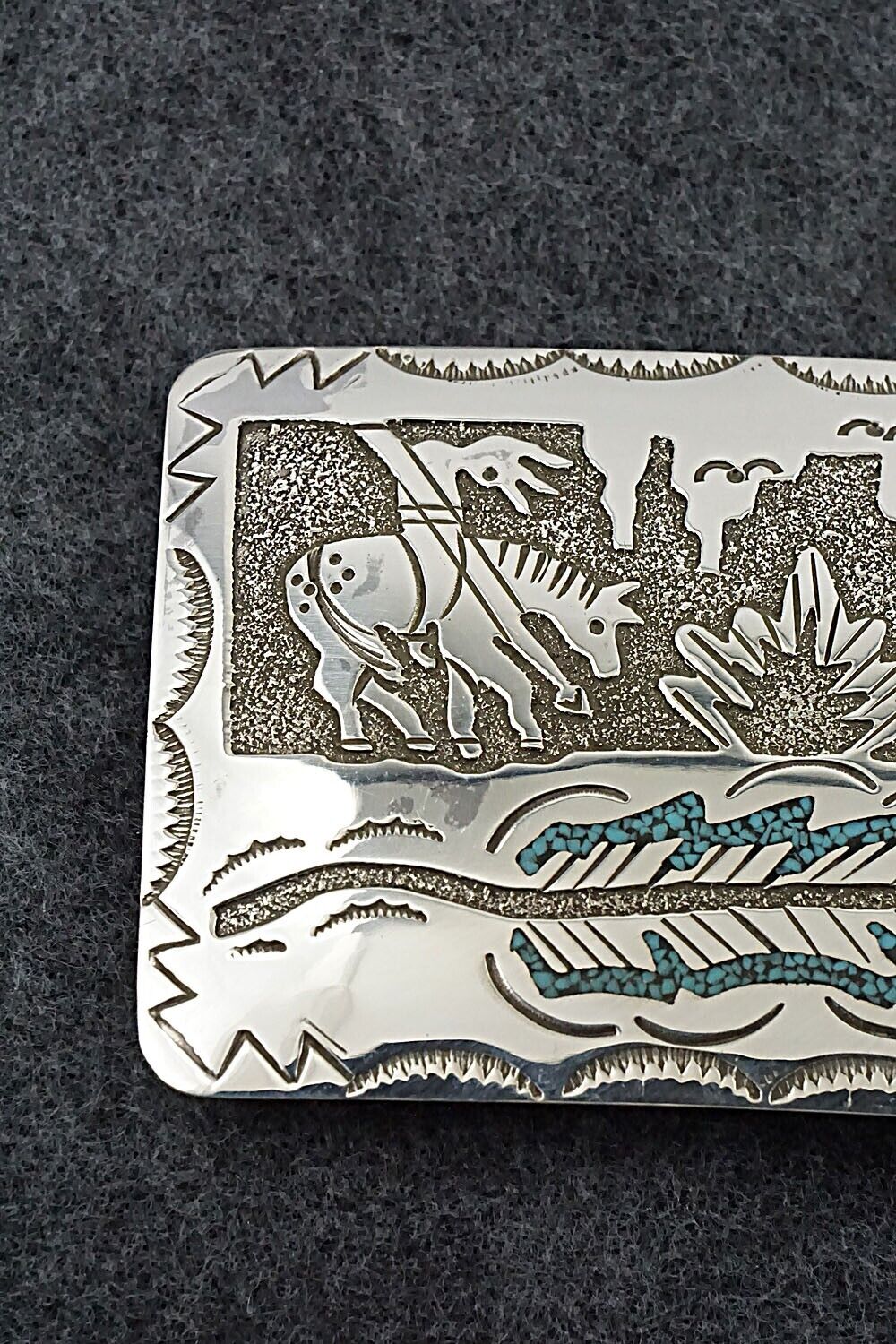 Turquoise, Coral Chip Inlay & Sterling Silver Belt Buckle - Raymond Begay