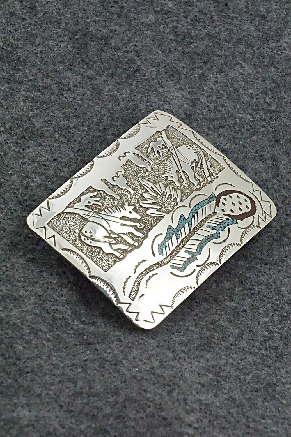 Turquoise, Coral Chip Inlay & Sterling Silver Belt Buckle - Raymond Begay