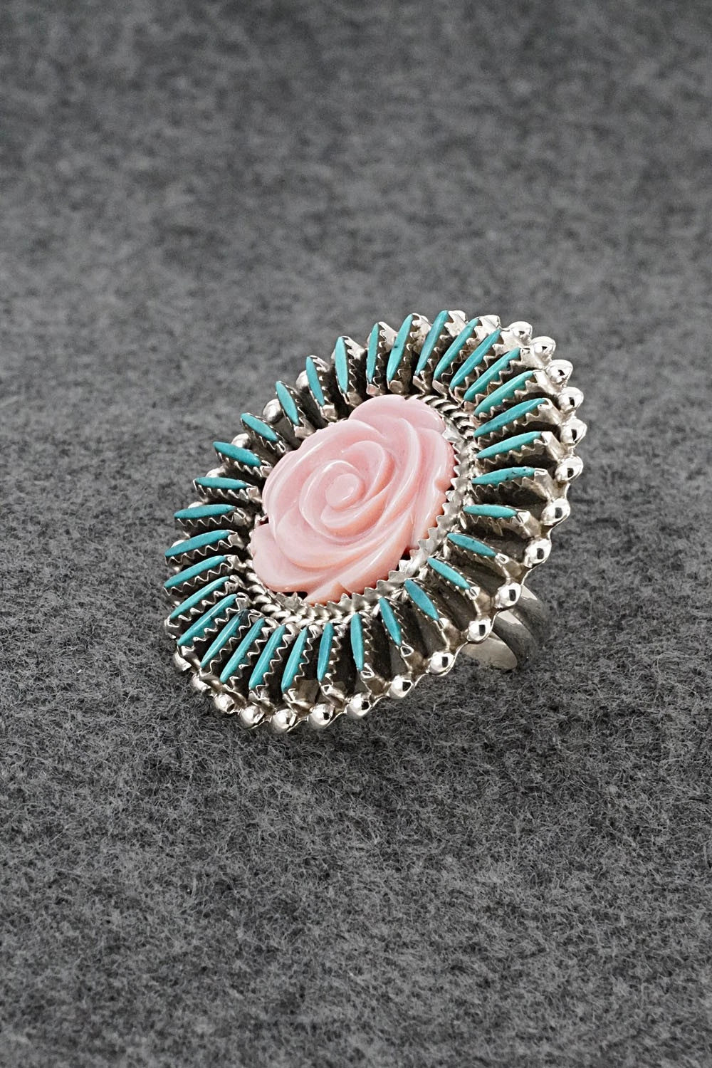 Turquoise, Pink Conch & Sterling Silver Ring - Roland Francisco - Size Adj.