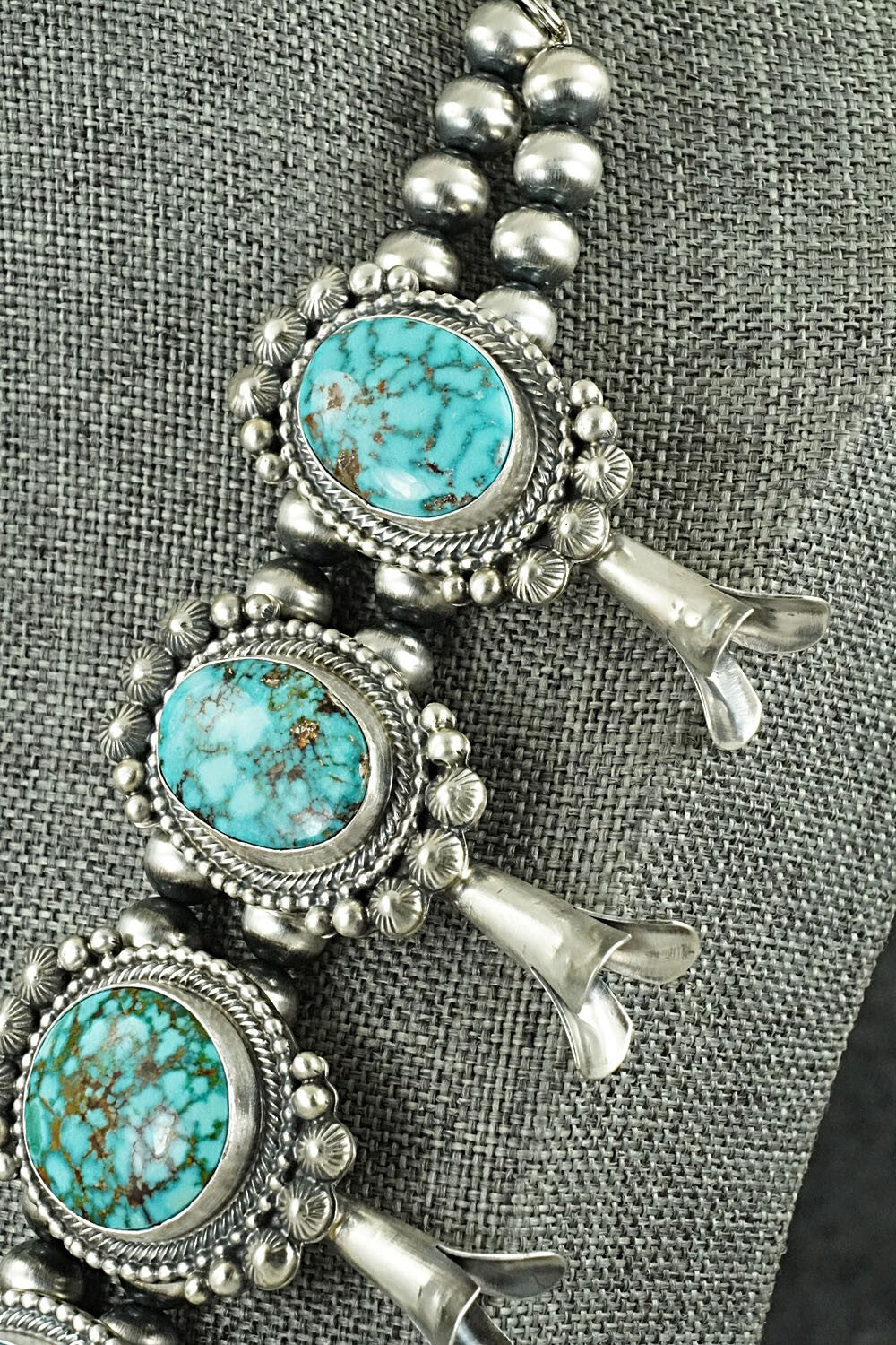 Turquoise & Sterling Silver Squash Blossom Necklace - Tom Lewis