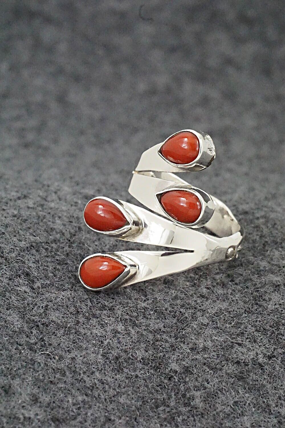 Coral & Sterling Silver Ring - Thomas Yazzie - Size 7.5
