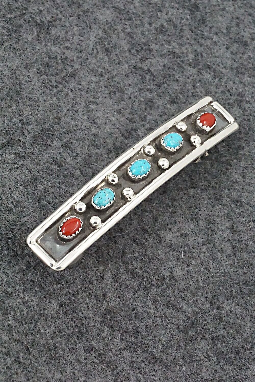 Turquoise, Coral & Sterling Silver Hair Barrette - Paul Largo