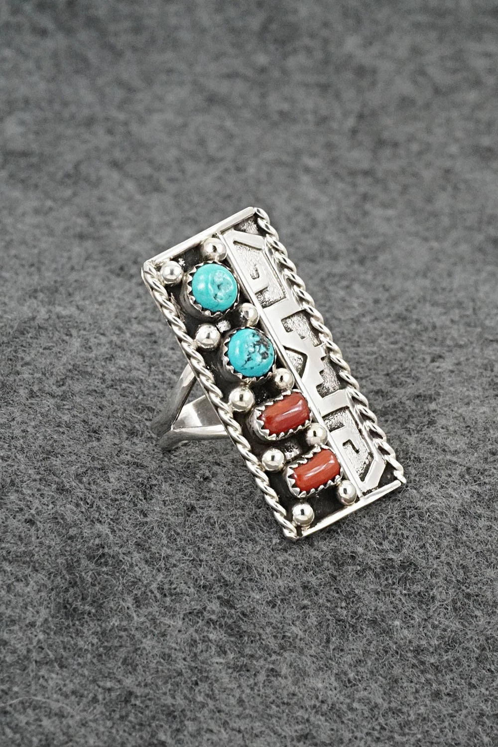 Turquoise, Coral & Sterling Silver Ring - Ronnie Spencer - Size 8.5