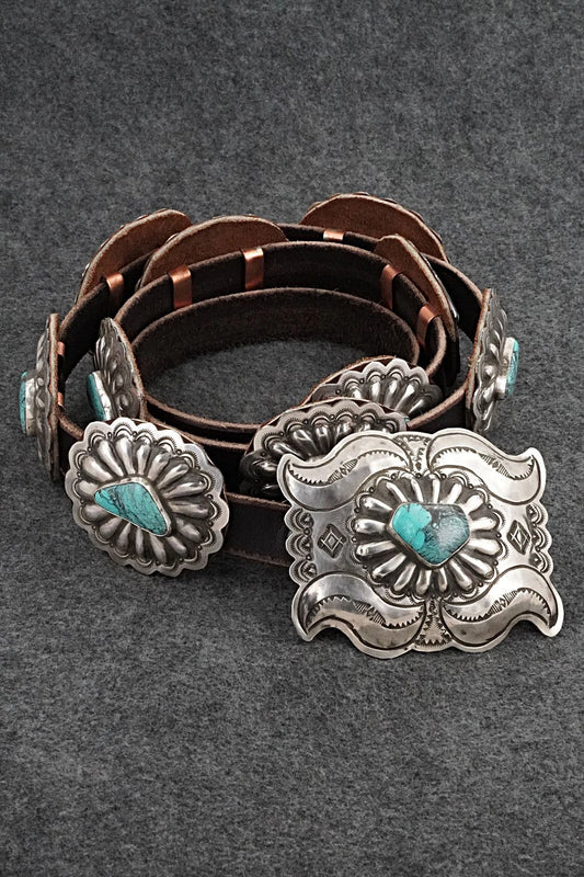 Turquoise, Sterling Silver & Leather Concho Belt - Marilyn Ramone