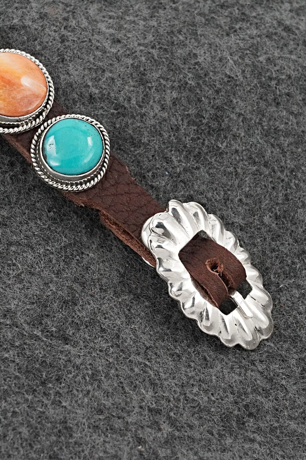 Turquoise, Spiny Oyster, Sterling Silver & Leather Bracelet - Marlene Ramone