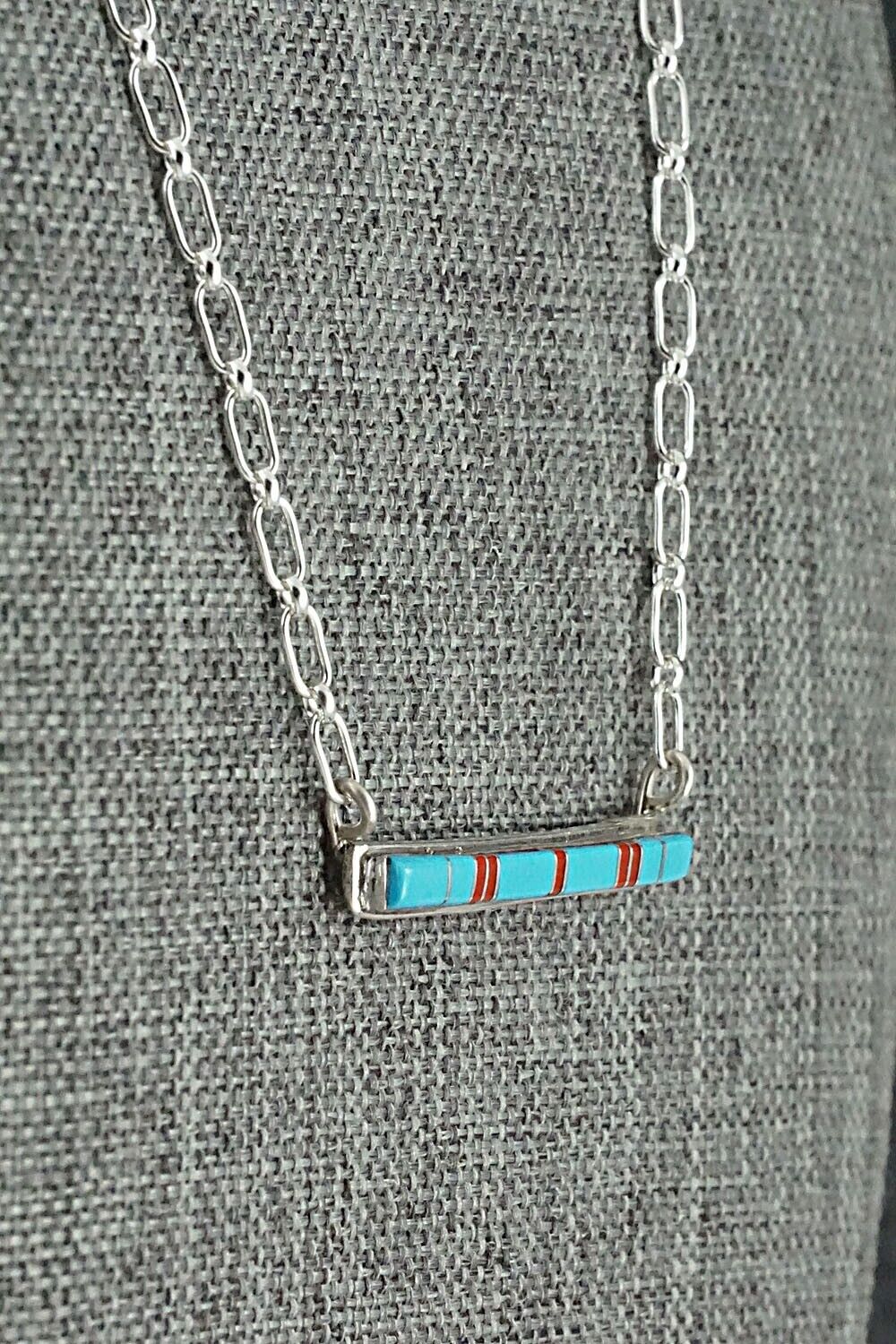 Turquoise, Coral & Sterling Silver Inlay Necklace - Roland Natachu
