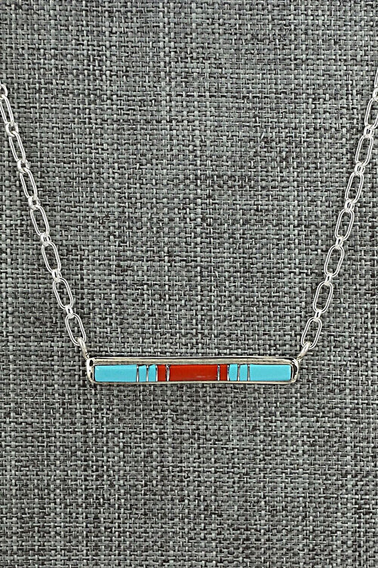 Turquoise, Coral & Sterling Silver Inlay Necklace - Roland Natachu