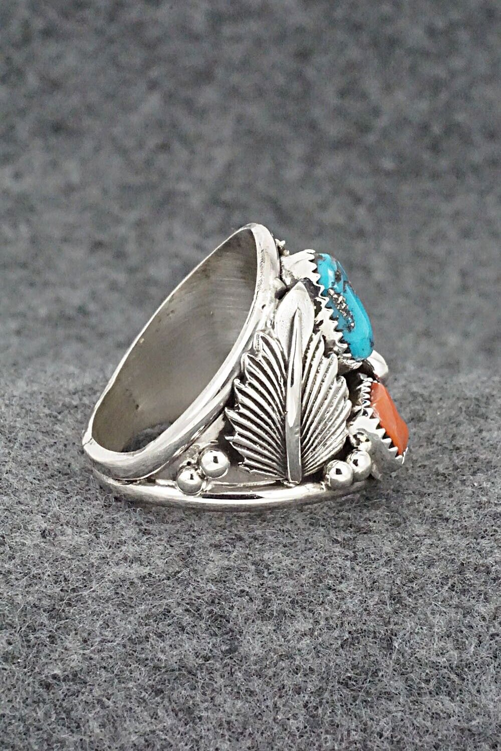 Turquoise, Coral & Sterling Silver Ring - Jeannette Saunders - Size 13