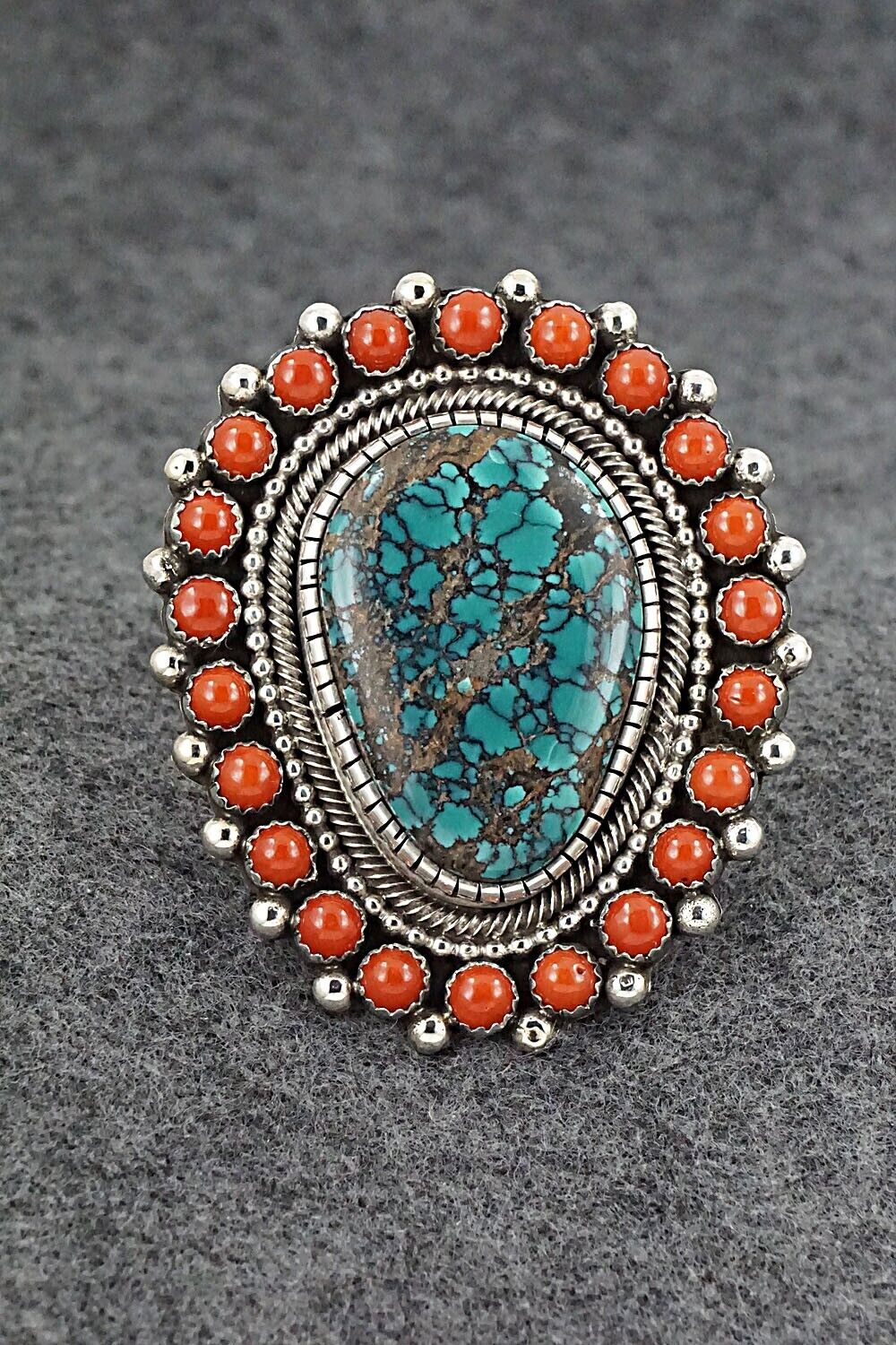 Turquoise, Coral & Sterling Silver Ring - Hemerson Brown - Size 9 Adj.