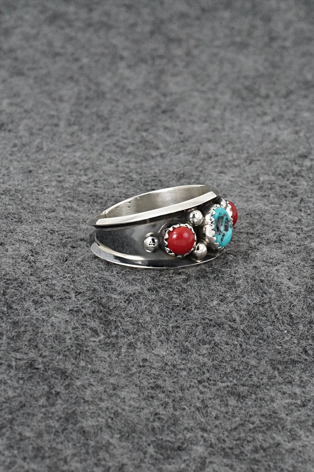 Turquoise, Coral & Sterling Silver Ring - Paul Largo - Size 10