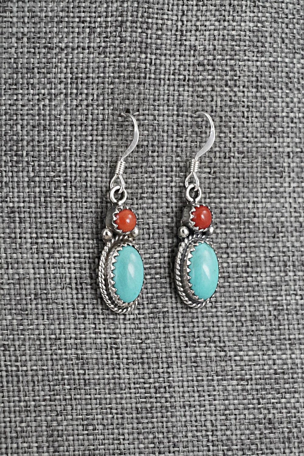 Turquoise, Coral & Sterling Silver Earrings - Verley Betone