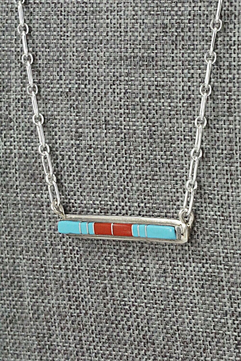 Turquoise, Coral & Sterling Silver Inlay Necklace - Roland Natachu