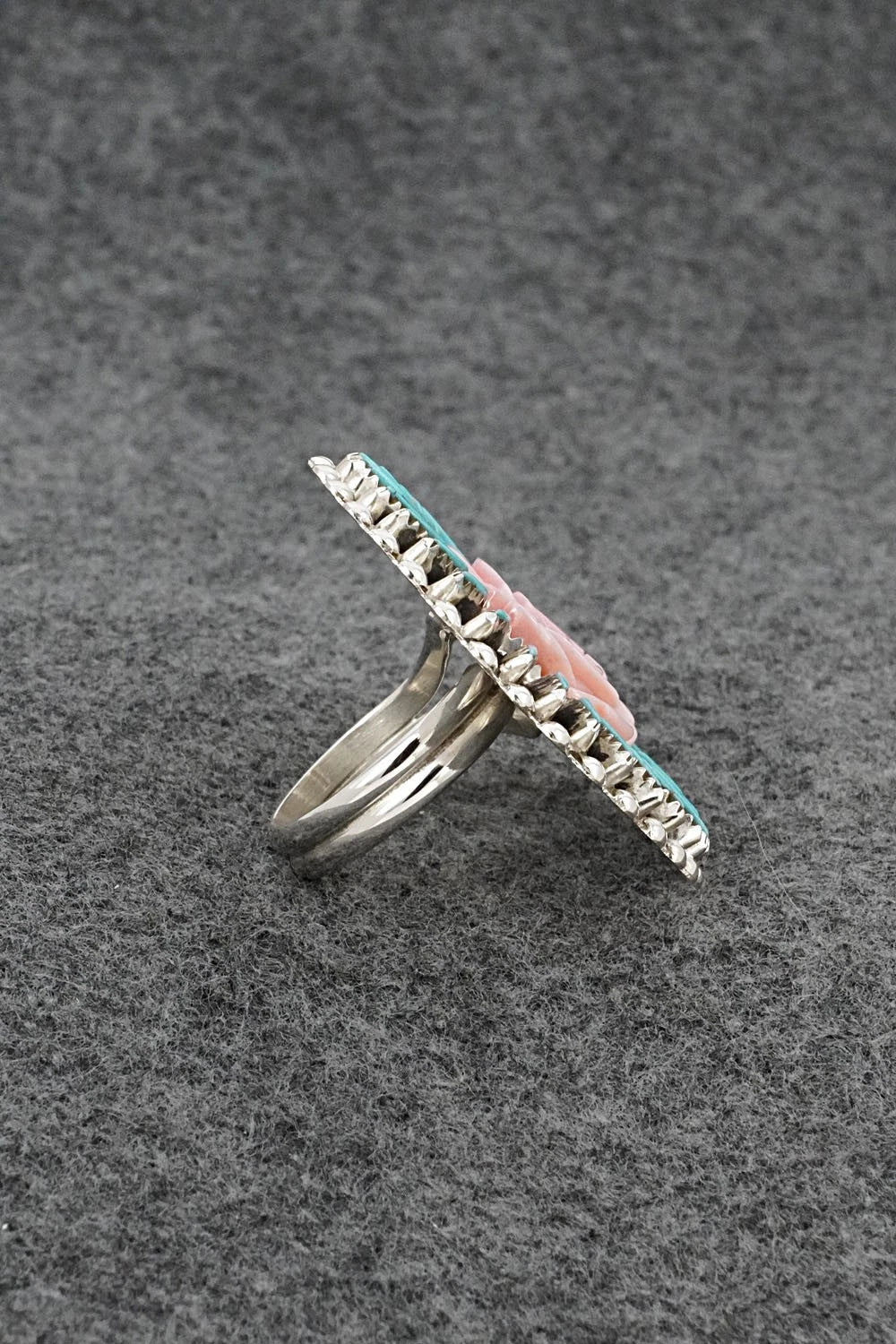 Turquoise, Pink Conch & Sterling Silver Ring - Roland Francisco - Size Adj.