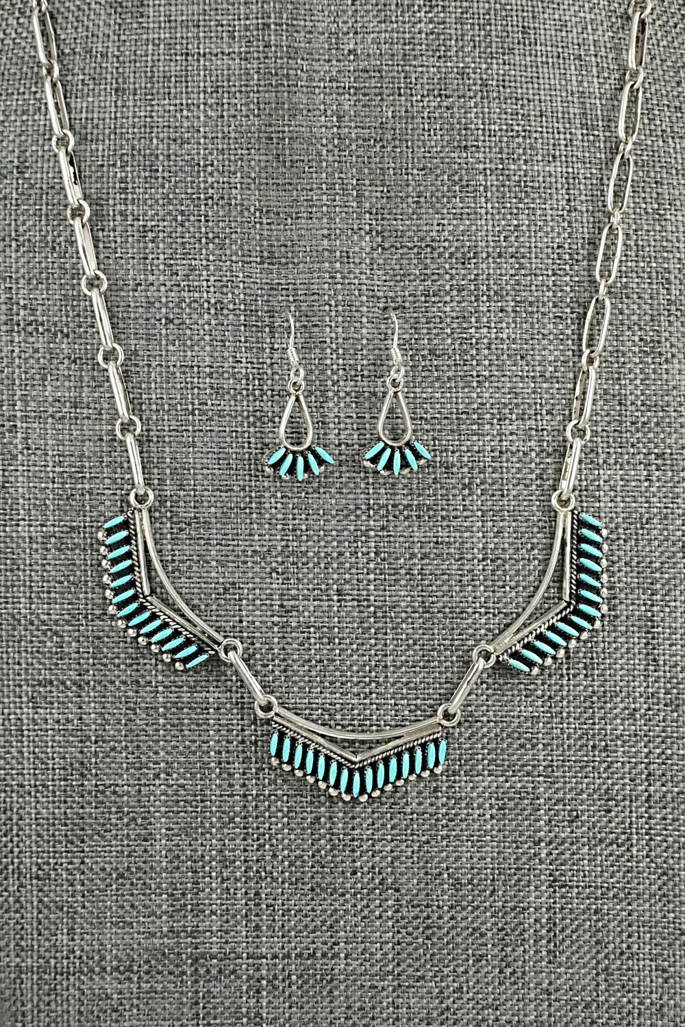 Turquoise & Sterling Silver Necklace and Earrings Set - Mildred Ukestine