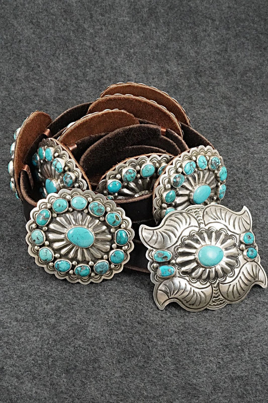 Turquoise, Sterling Silver & Leather Concho Belt - Marilyn Ramone