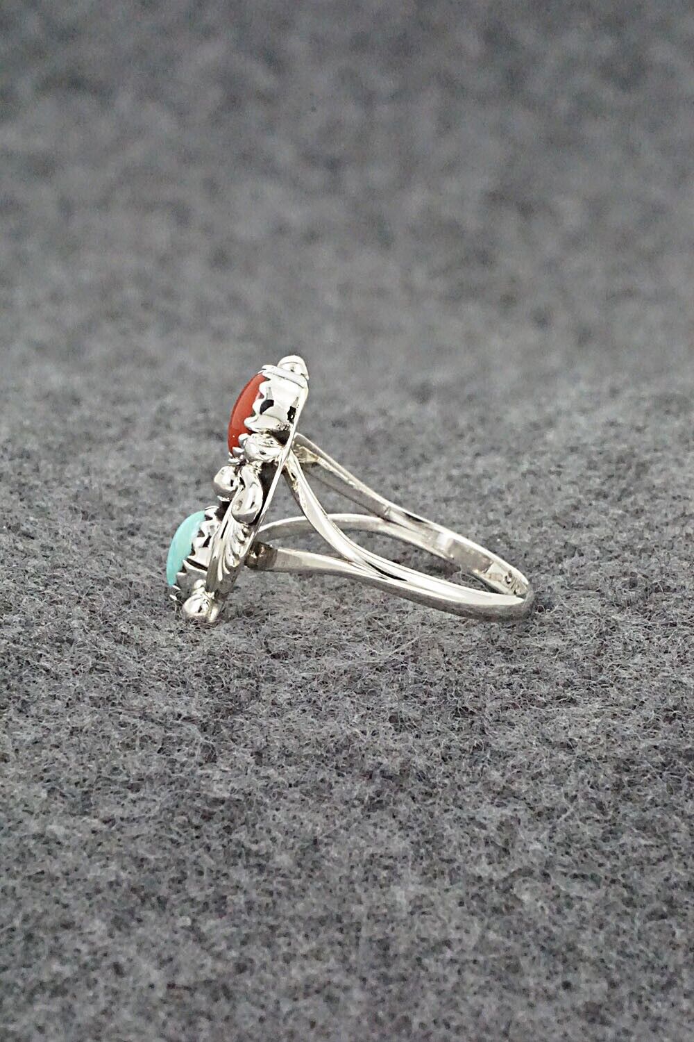Turquoise, Coral & Sterling Silver Ring - Harris Largo - Size 6.25