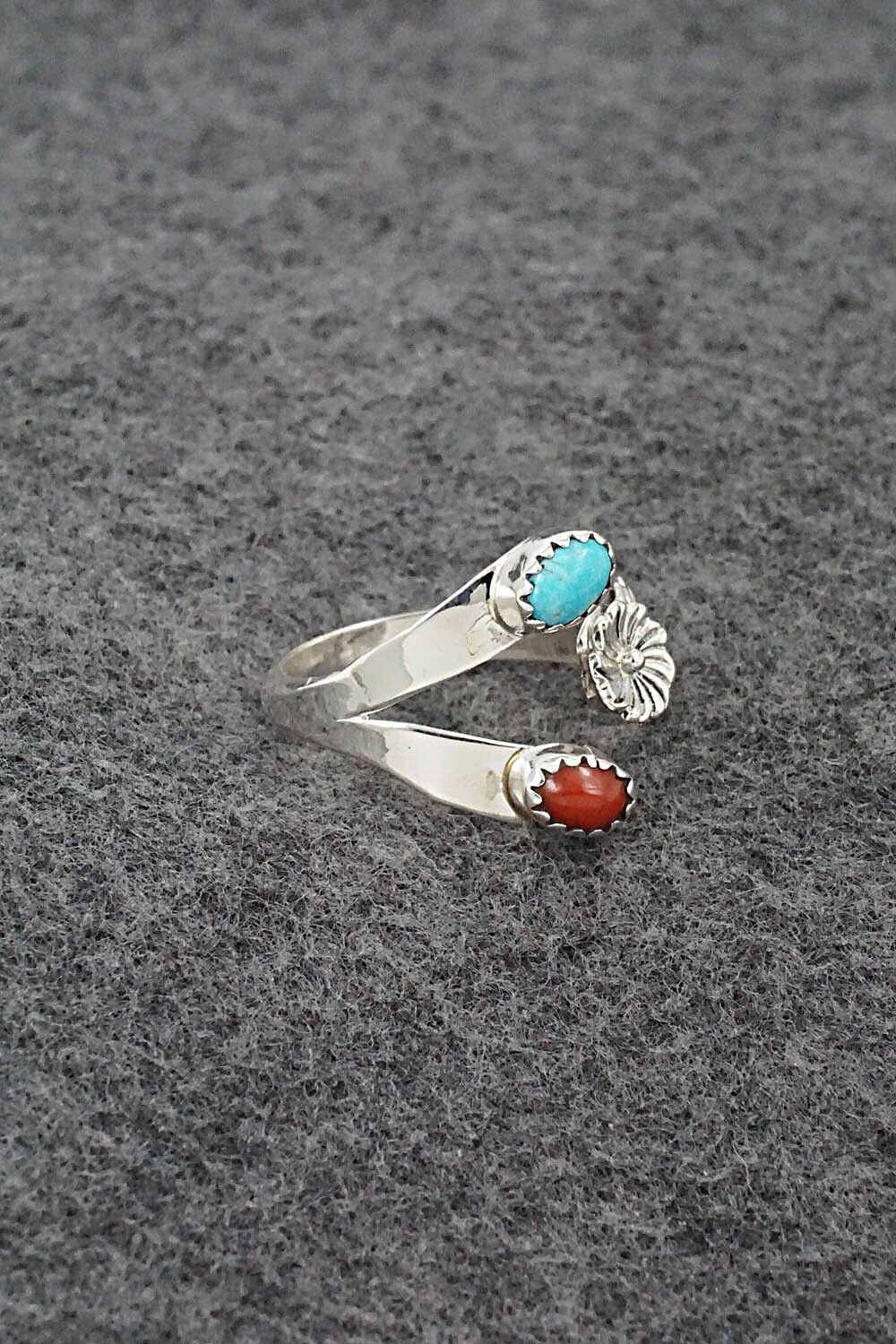 Turquoise, Coral & Sterling Silver Ring - Robert Martinez - Size 7.5