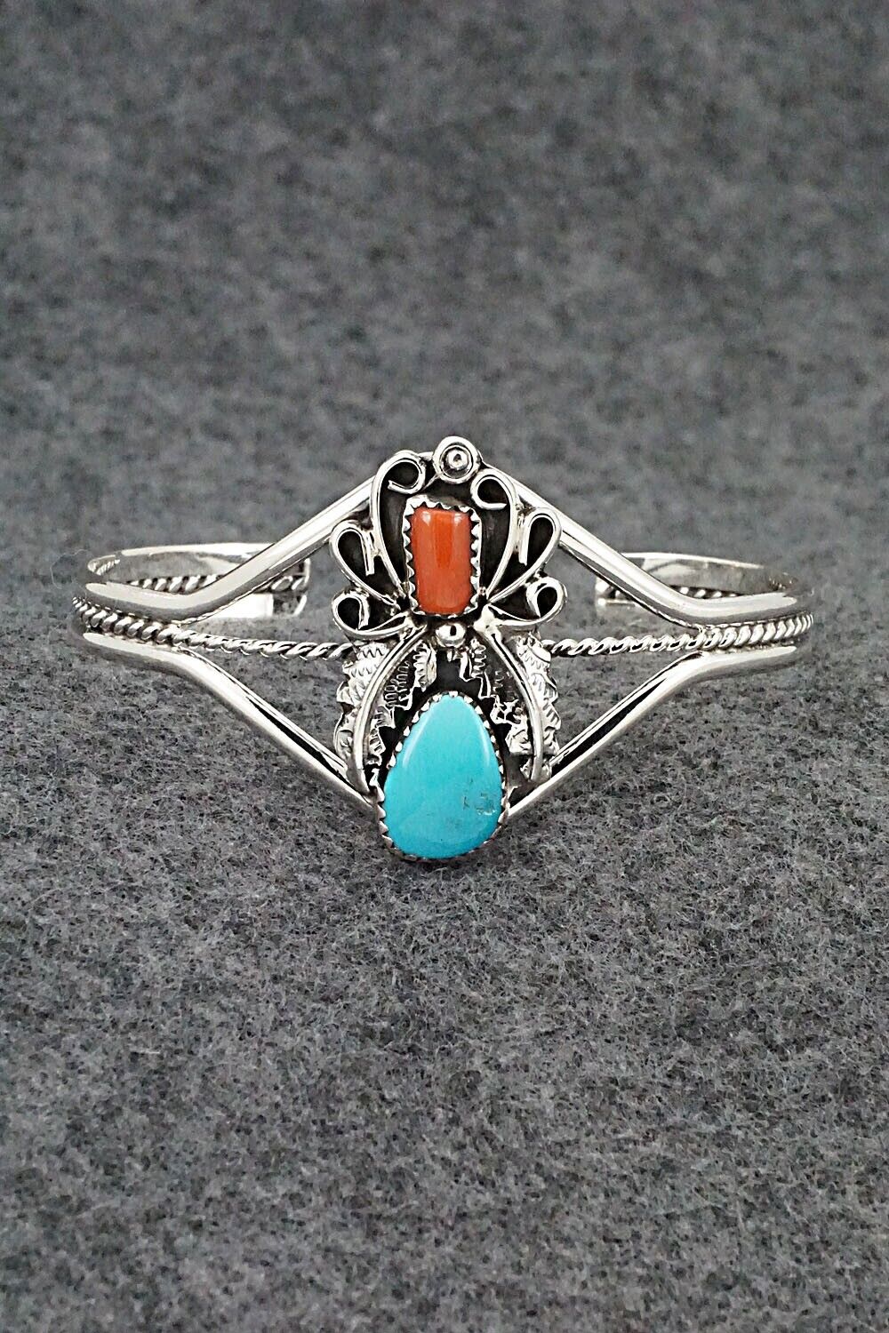 Turquoise, Coral & Sterling Silver Bracelet - Harry B. Yazzie
