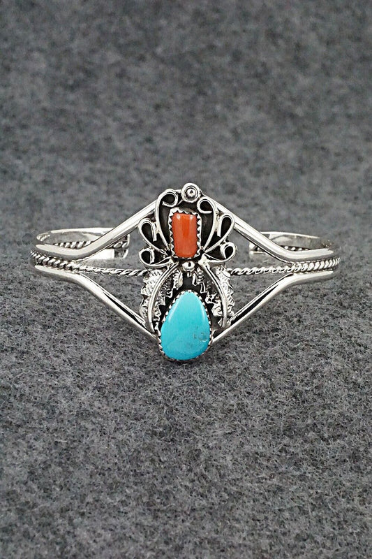 Turquoise, Coral & Sterling Silver Bracelet - Harry B. Yazzie