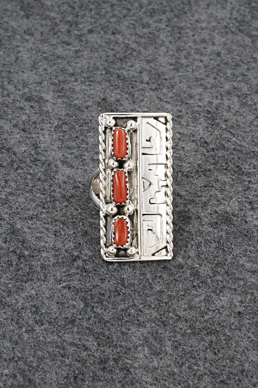 Coral & Sterling Silver Ring - Ronnie Spencer - Size 9.5