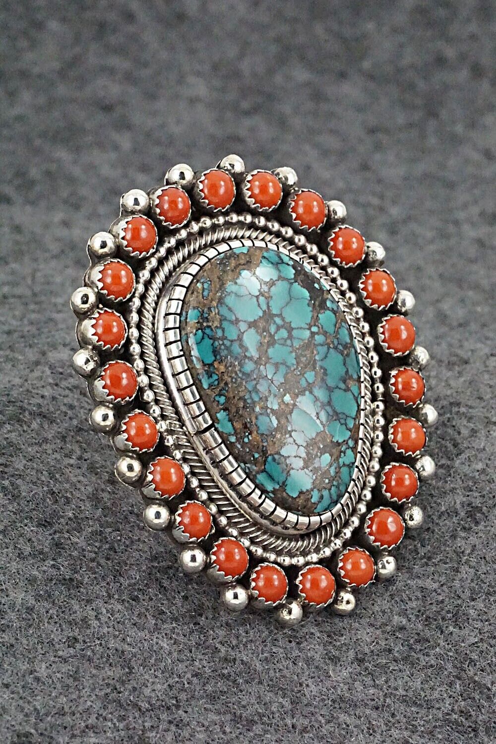Turquoise, Coral & Sterling Silver Ring - Hemerson Brown - Size 9 Adj.