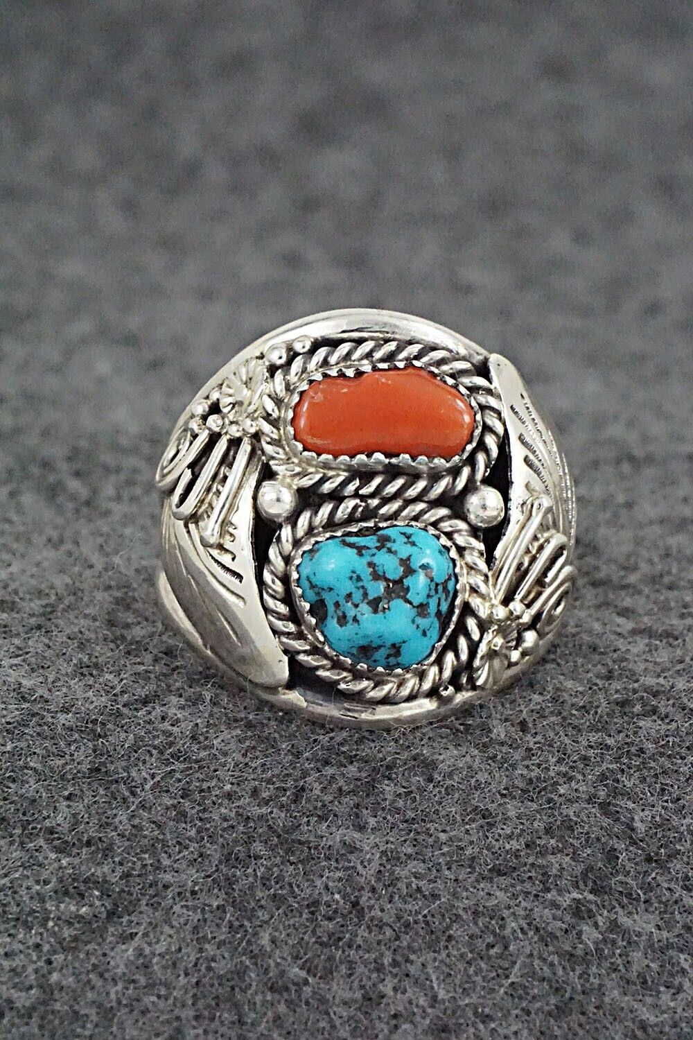 Turquoise, Coral & Sterling Silver Ring - Leonard Spencer - Size 12