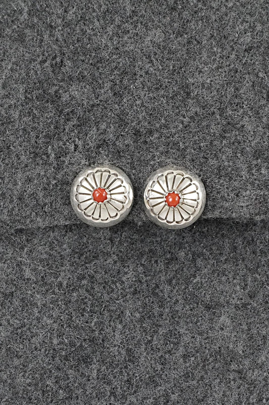 Coral & Sterling Silver Earrings - Marie Yazzie
