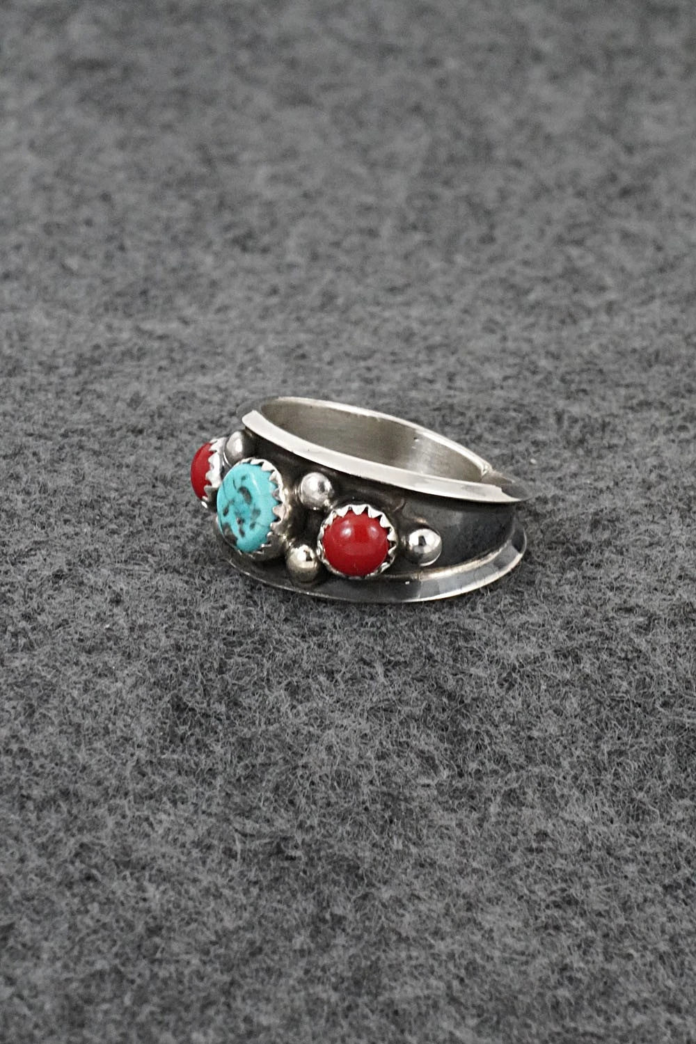 Turquoise, Coral & Sterling Silver Ring - Paul Largo - Size 9