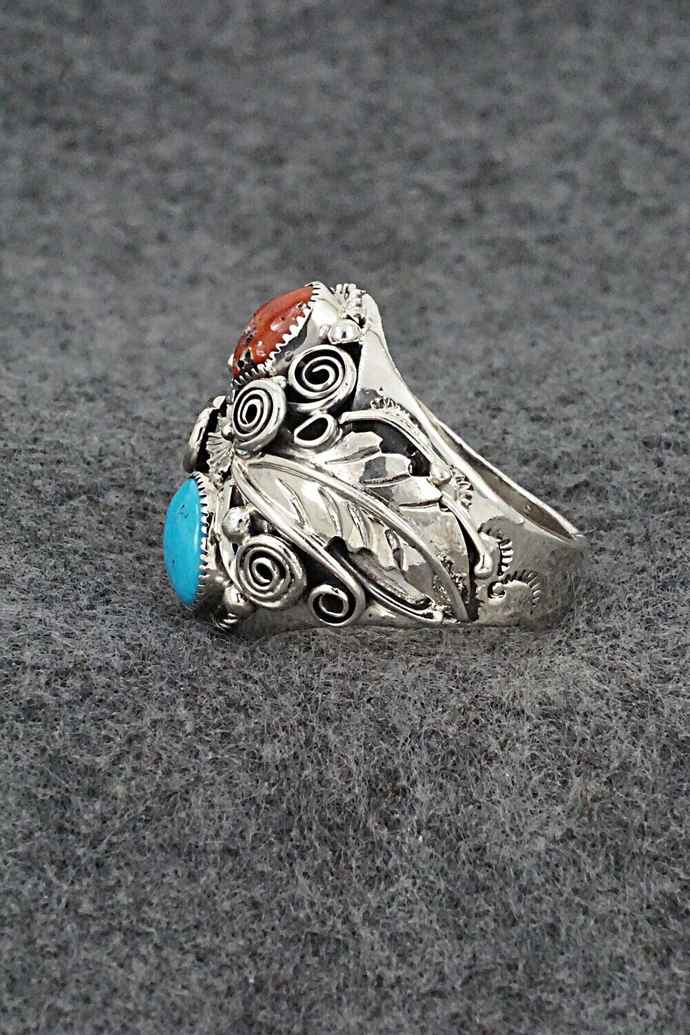 Turquoise, Coral & Sterling Silver Ring - Sarah Yazzie - Size 10