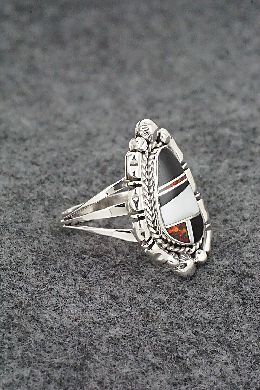 White Buffalo, Onyx, Opalite & Sterling Silver Ring - James Manygoats - Size 8