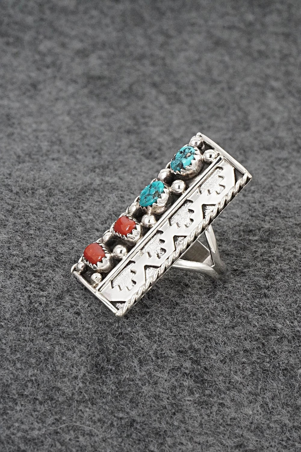 Turquoise, Coral & Sterling Silver Ring - Ronnie Spencer - Size 7