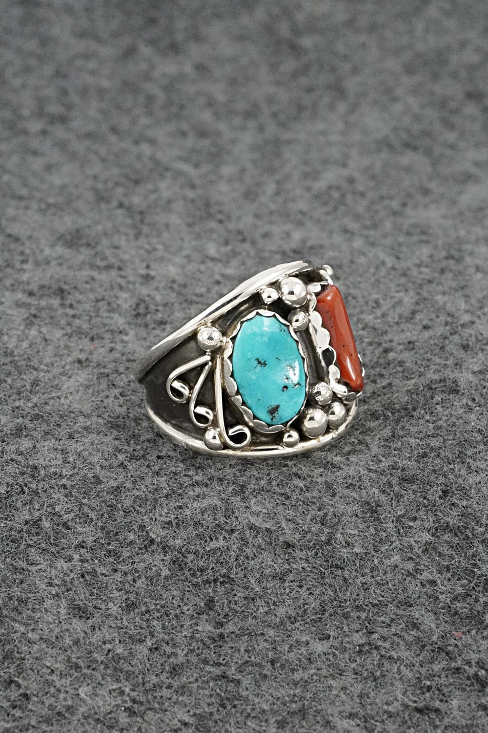 Turquoise, Coral & Sterling Silver Ring - Darrell Morgan - Size 12