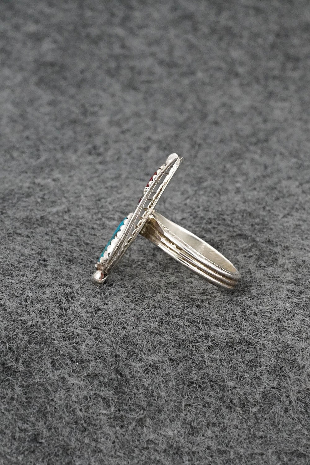 Turquoise, Coral & Sterling Silver Ring - Priscilla Reeder - Size 8