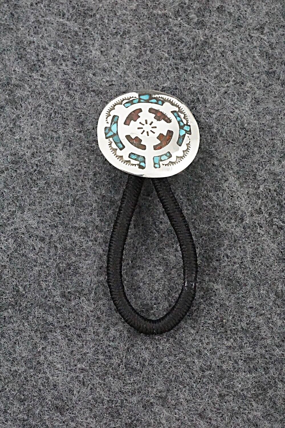 Turquoise, Coral Chip Inlay & Sterling Silver Hair Tie - Joleen Yazzie