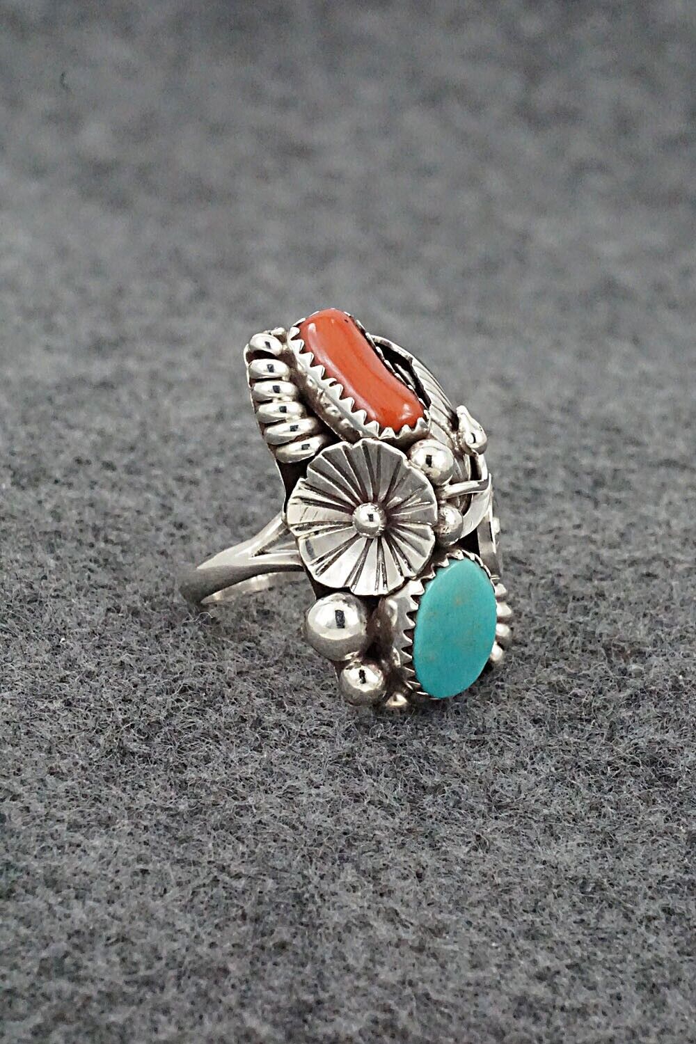 Turquoise, Coral & Sterling Silver Ring - Max Calladitto - Size 5.5