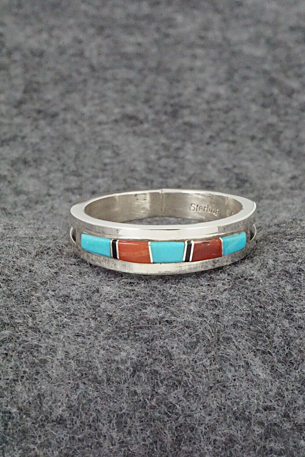 Turquoise, Coral, Onyx & Sterling Silver Ring - Wilbert Muskett Jr. - Size 13