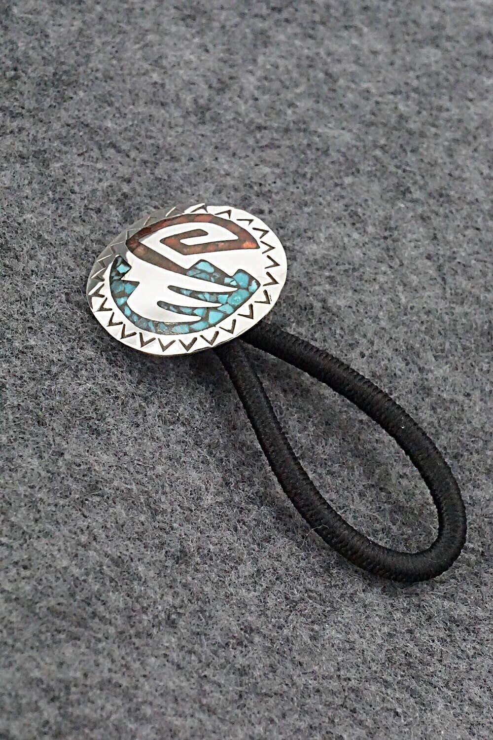Turquoise, Coral Chip Inlay & Sterling Silver Hair Tie - Joleen Yazzie