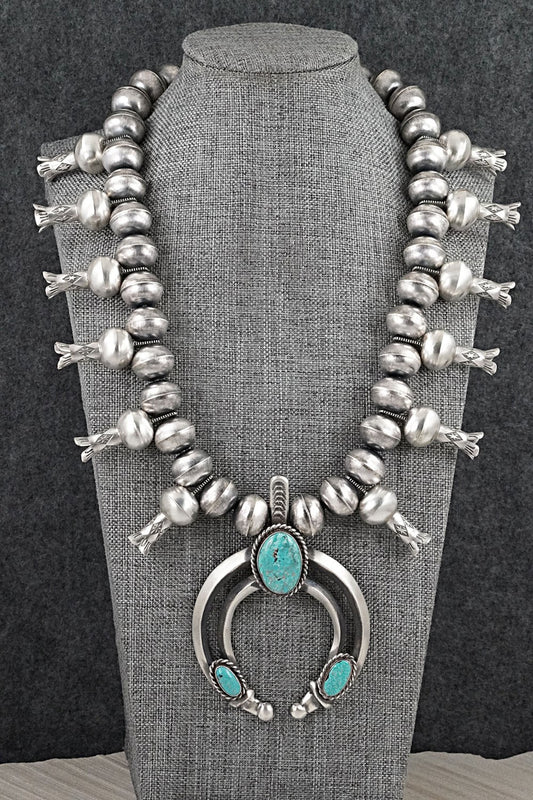 Turquoise & Sterling Silver Navajo Pearl Squash Blossom Necklace - Chris Hale