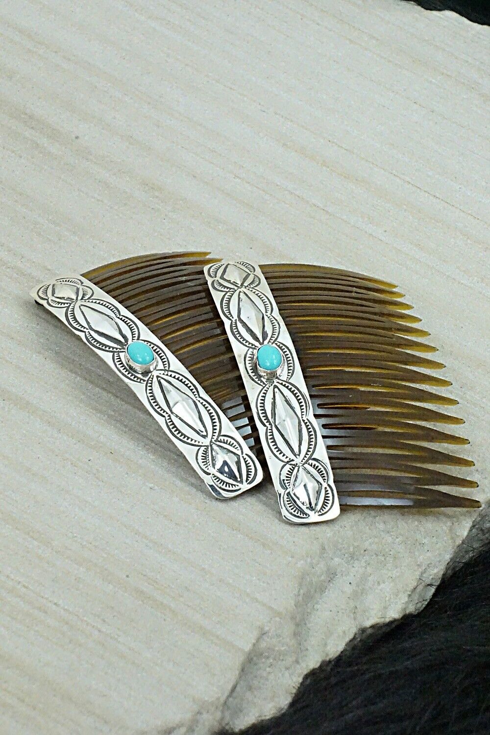 Turquoise & Sterling Silver Hair Combs - Jennie Blackgoat