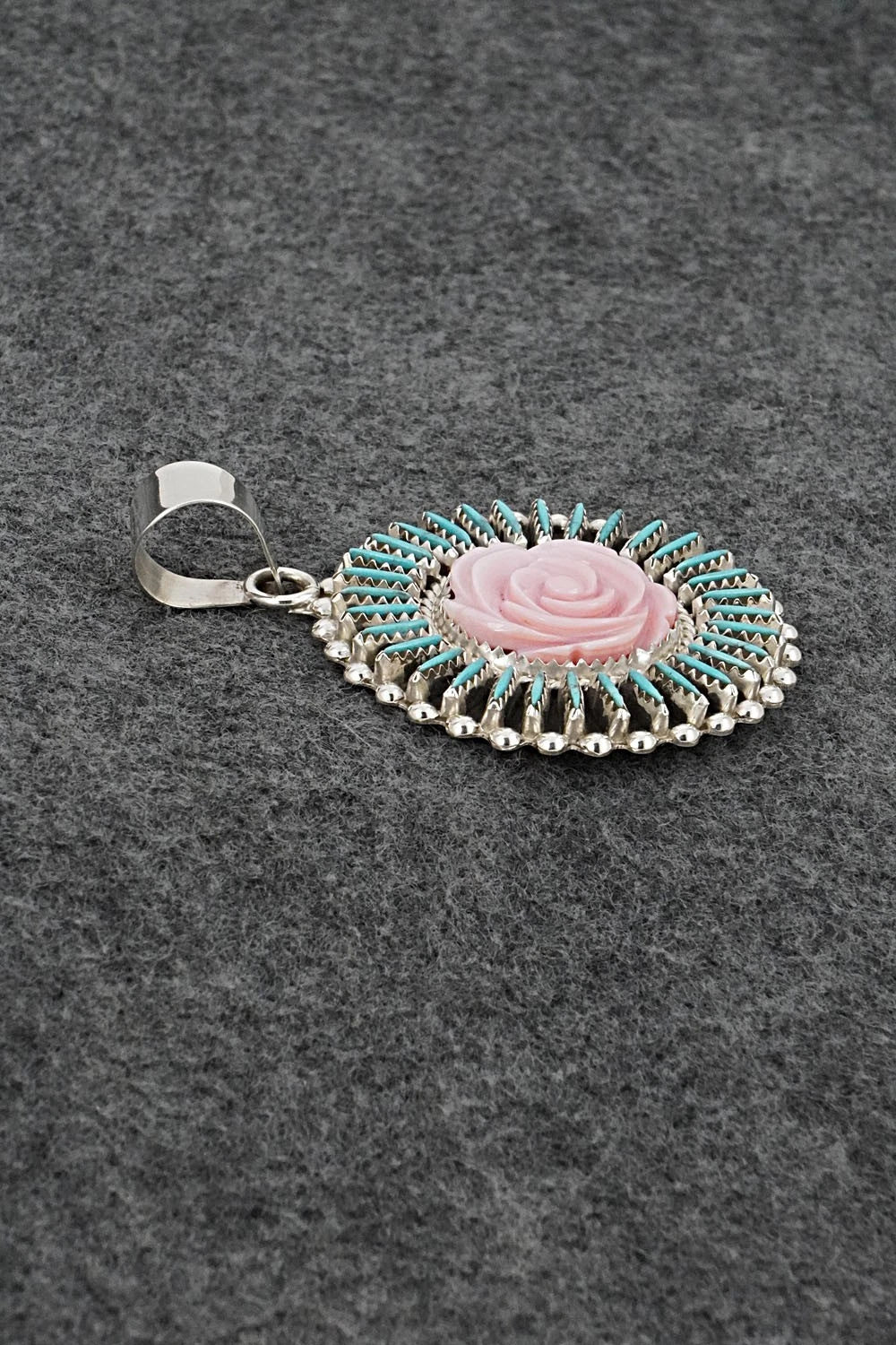 Turquoise, Pink Conch & Sterling Silver Pendant - Roland Francisco