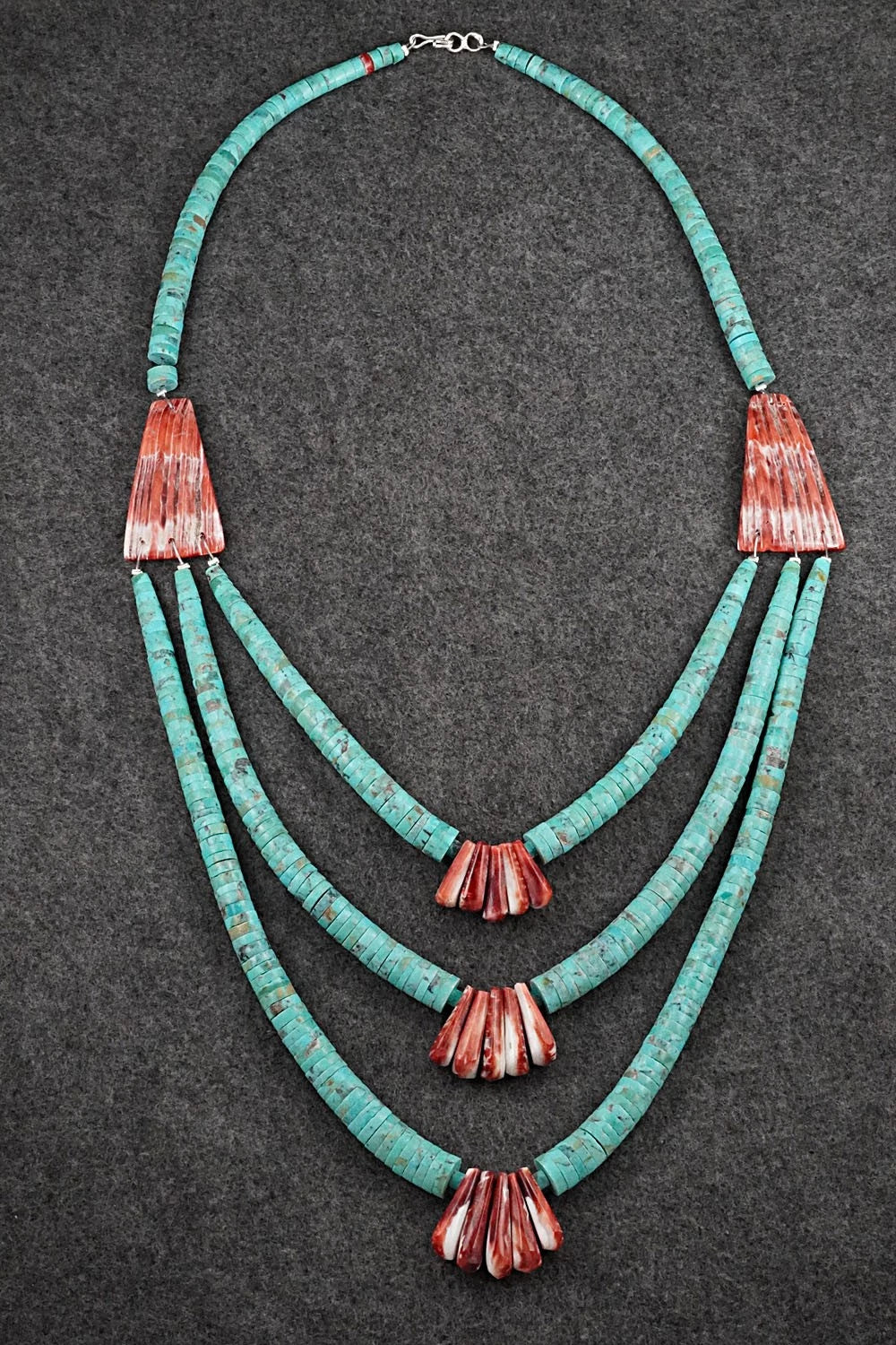 Turquoise, Spiny Oyster and Sterling Silver Necklace - Lupe Lovato