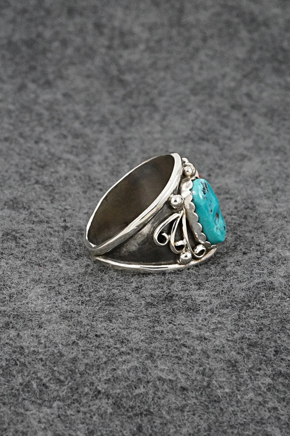 Turquoise, Coral & Sterling Silver Ring - Darrell Morgan - Size 12
