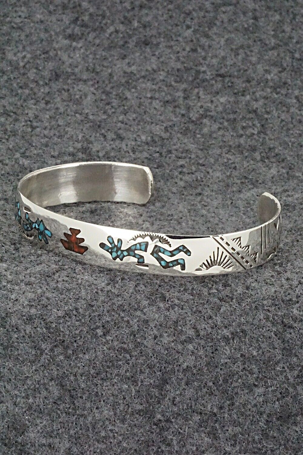 Turquoise, Coral Chip Inlay & Sterling Silver Bracelet - Joleen Yazzie