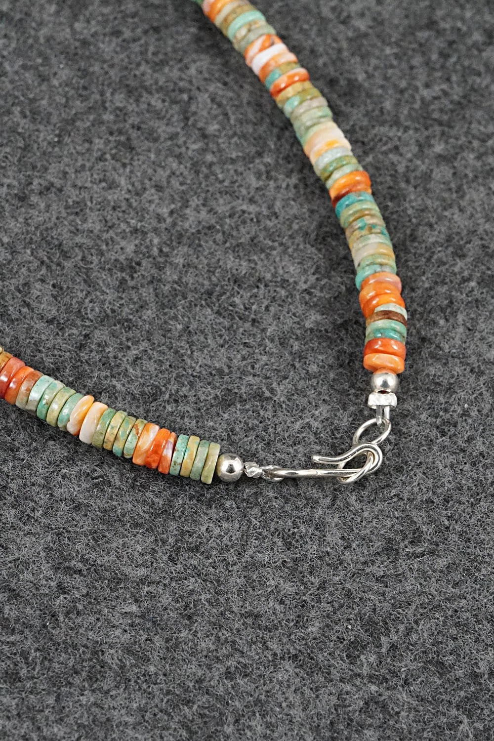 Turquoise, Spiny Oyster & Sterling Silver Necklace 17" - Doreen Jake