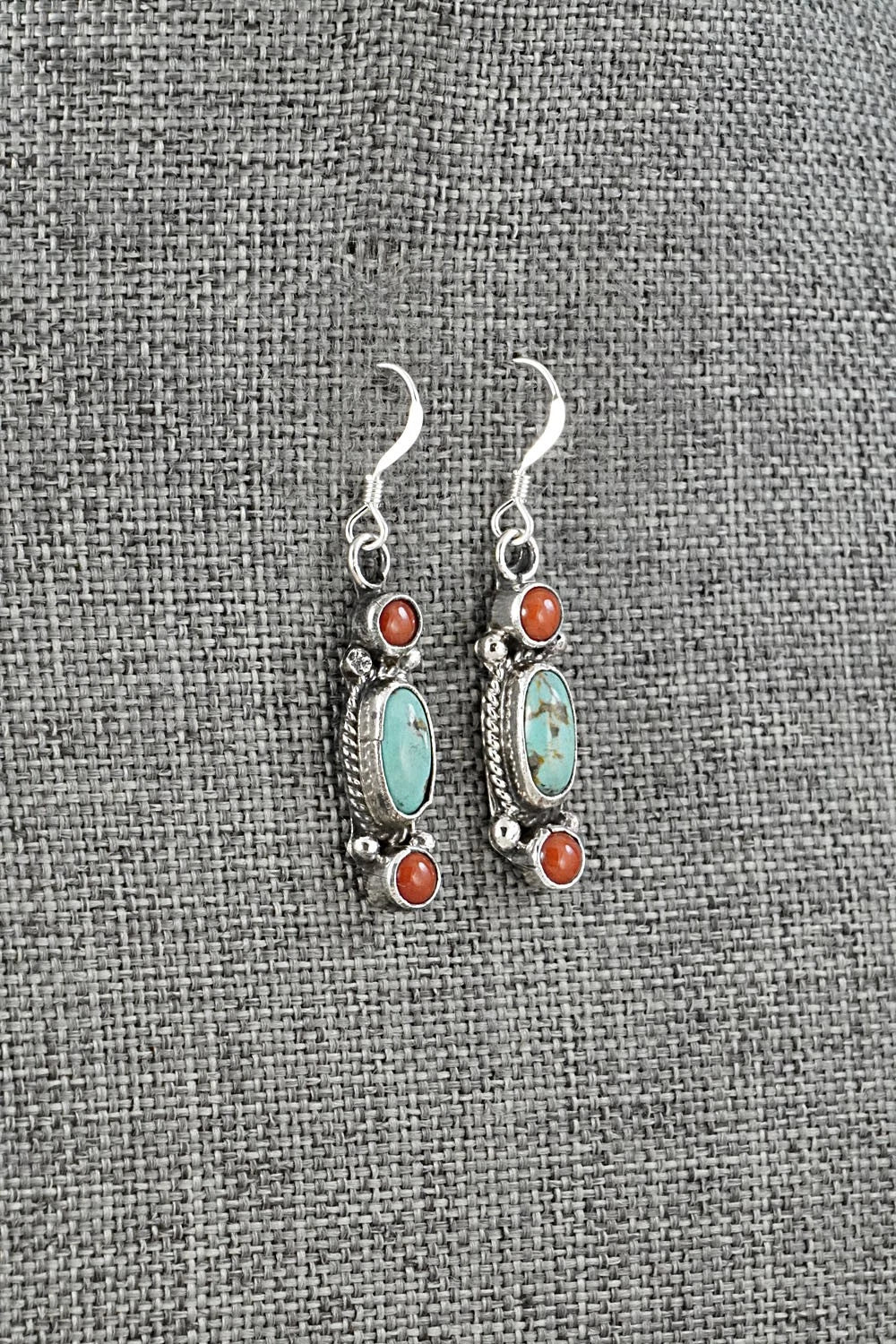 Turquoise, Coral & Sterling Silver Earrings - Verley Betone