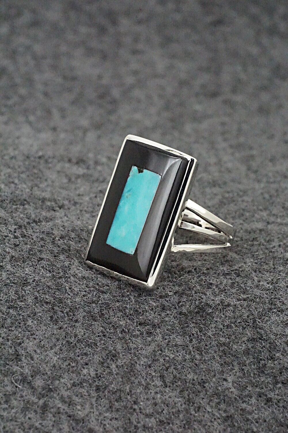 Turquoise, Onyx & Sterling Silver Inlay Ring - Harlen Consis - Size 7