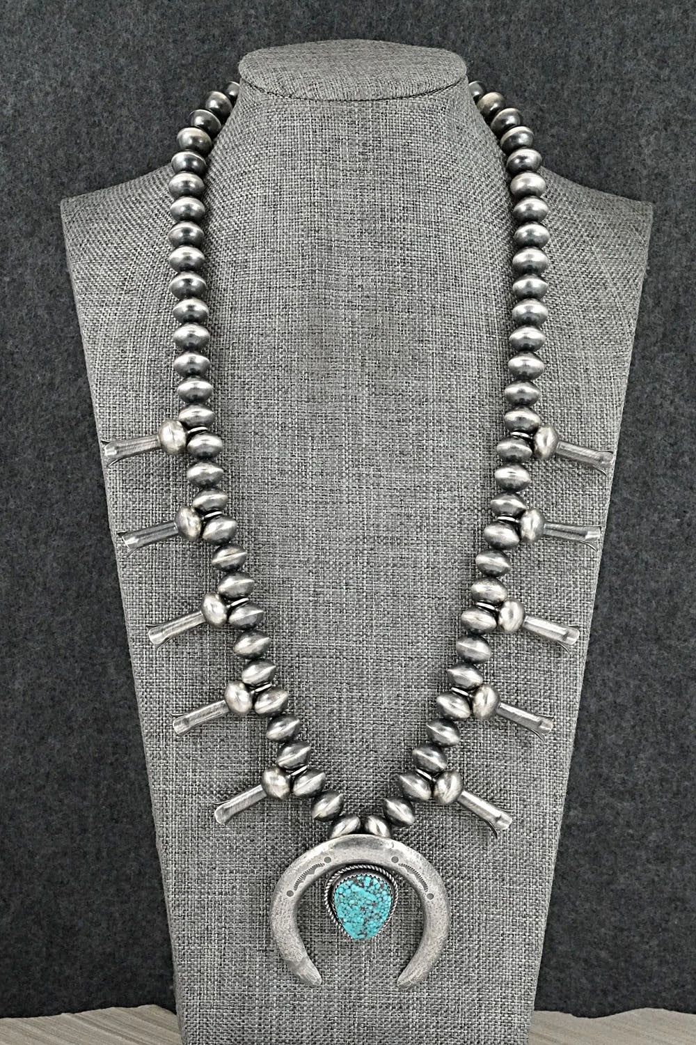 Turquoise & Sterling Silver Navajo Pearl Squash Blossom Necklace - Presley Haley