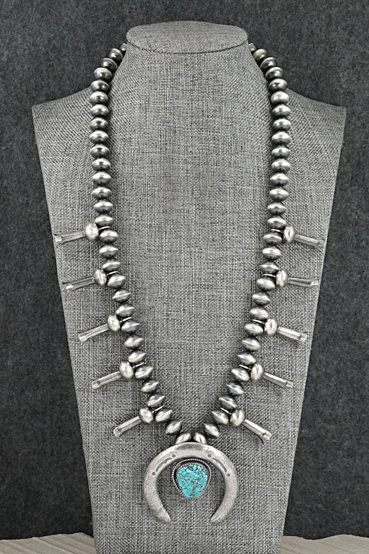Turquoise & Sterling Silver Navajo Pearl Squash Blossom Necklace - Presley Haley