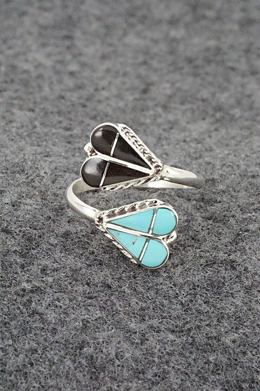 Turquoise, Onyx & Sterling Silver Ring - Velda Nastacio - Size 7.5 Adj.