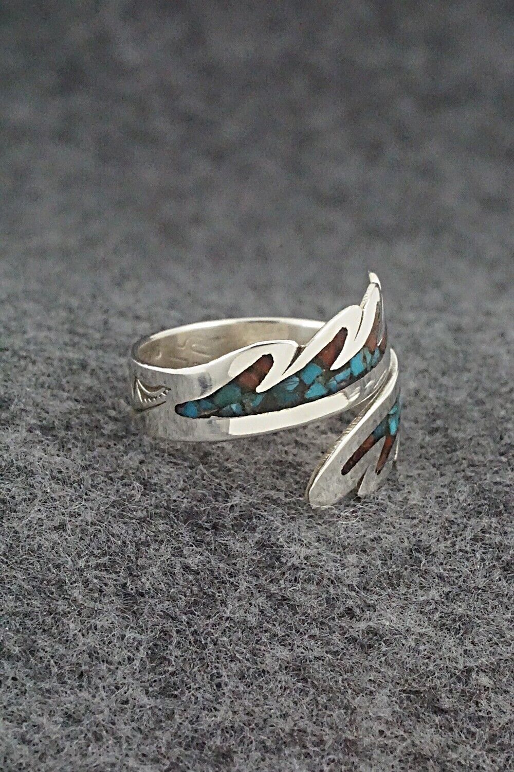 Size newest 6 // Sterling Turquoise & Coral Chip Inlay Ring // Heavy Sterling Ring // Vintage Sterling // Vintage Biker Ring